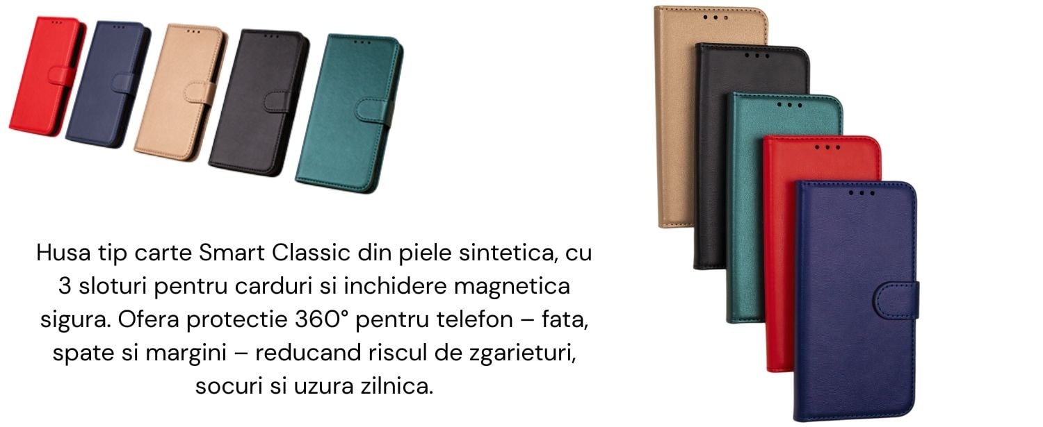 Husa pentru Honor 400, Tip Carte, Piele Ecologica, Inchidere Magnetica, 3 Sloturi Card, set cu sticker, Smart Classic, Negru mat